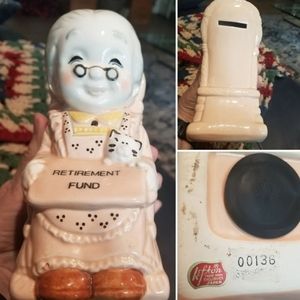 1960's Lefton Retirement Piggy Bank. Grandma in Rocking Chair with Kitty